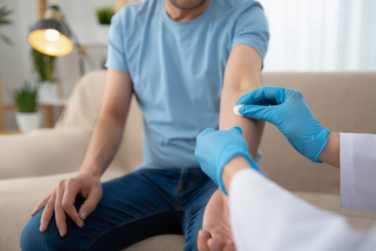 Врач в перчатках прижимает ватку к руке пациента после инъекции на диване — кодирование от алкоголизма на дому.